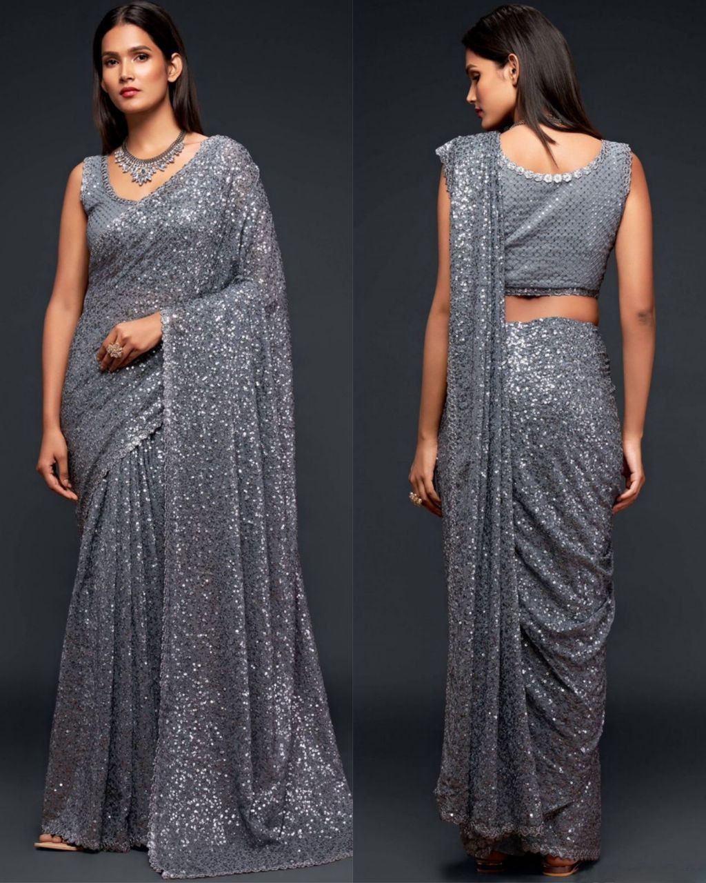Gray Georgette Silk Sequence Work Saree With Blouse (LQDS458)