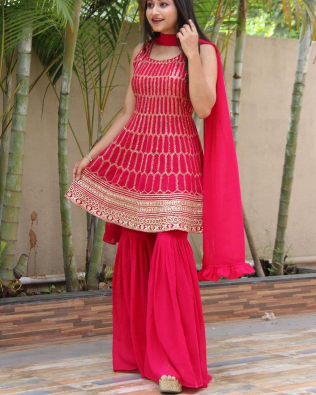 Gorgeous Dark Pink Georgette Embroidery Sharara Suit With Dupatta (LQFD0055)
