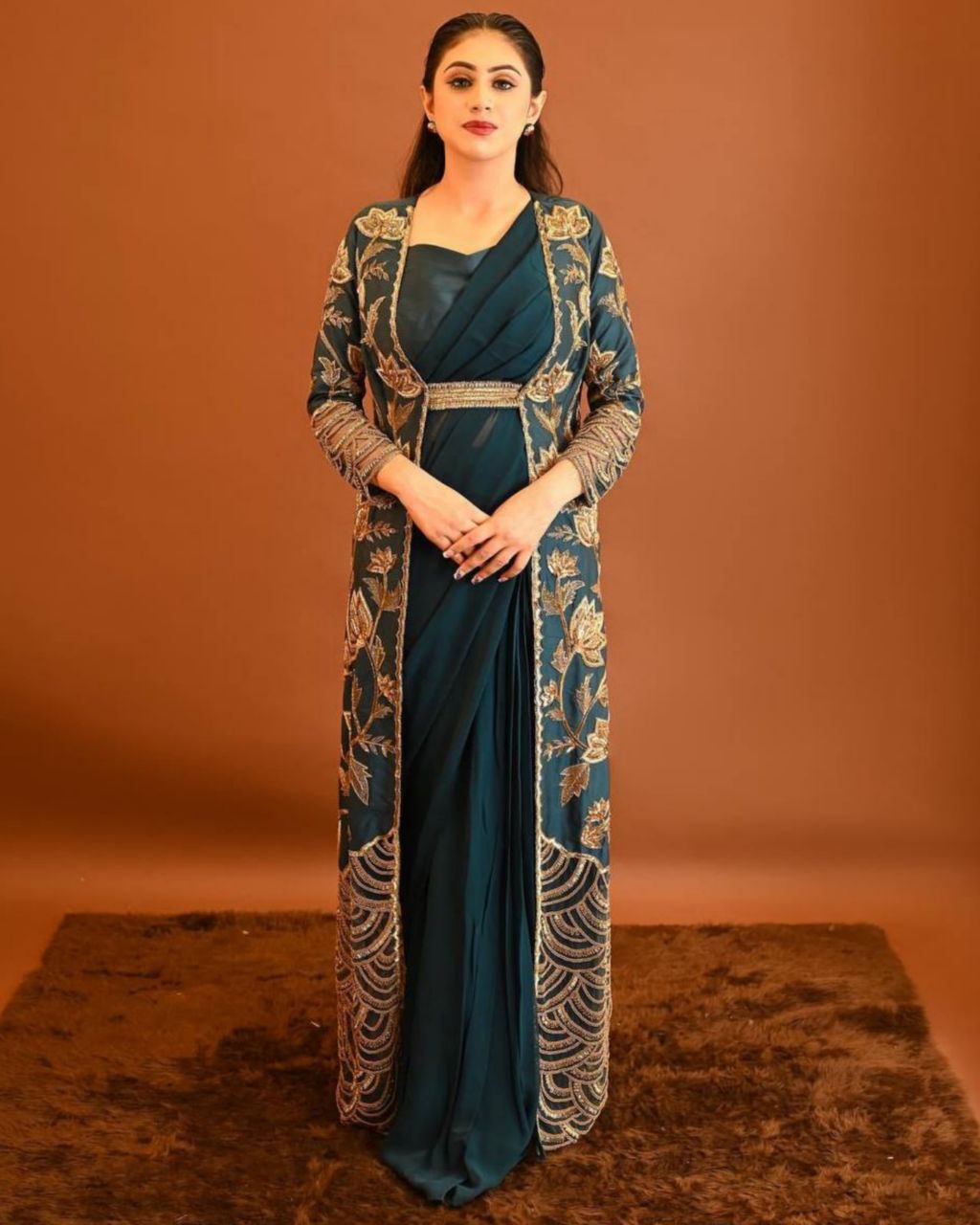 Blue Georgette Embroidery Sequence Work And Zari Work Koti Style Saree (LQKF1456)