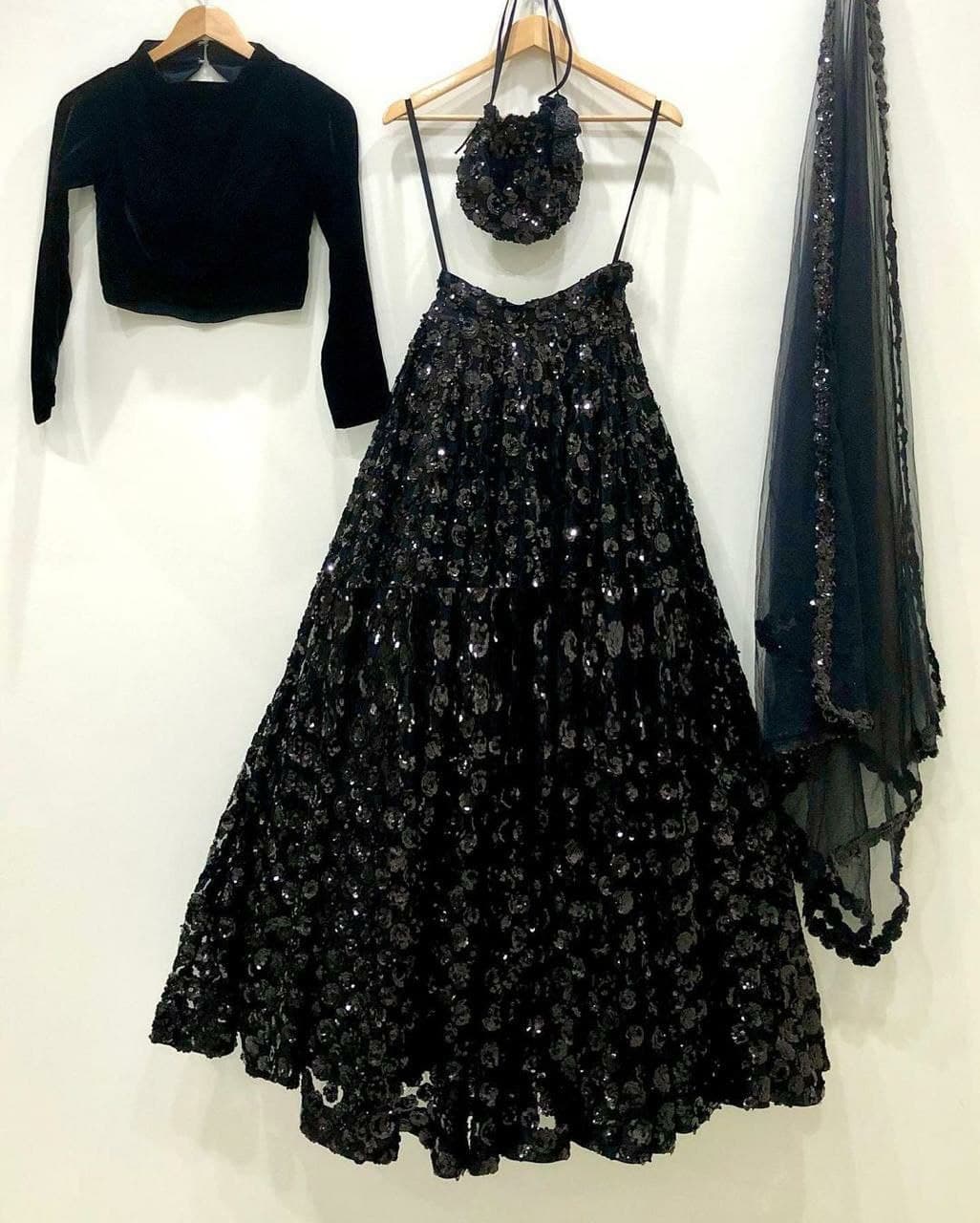 Glamorous Black Sequined Velvet Flared Lehenga Choli (LQLG311)