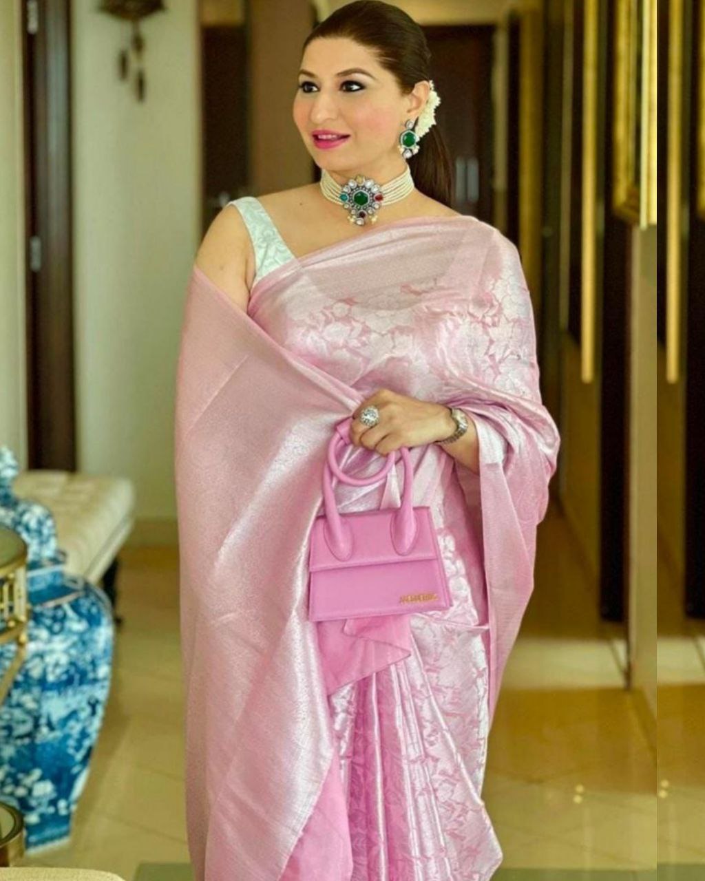 Pink Soft Lichi Silk Banarasi Saree With Blouse (LQMS184)