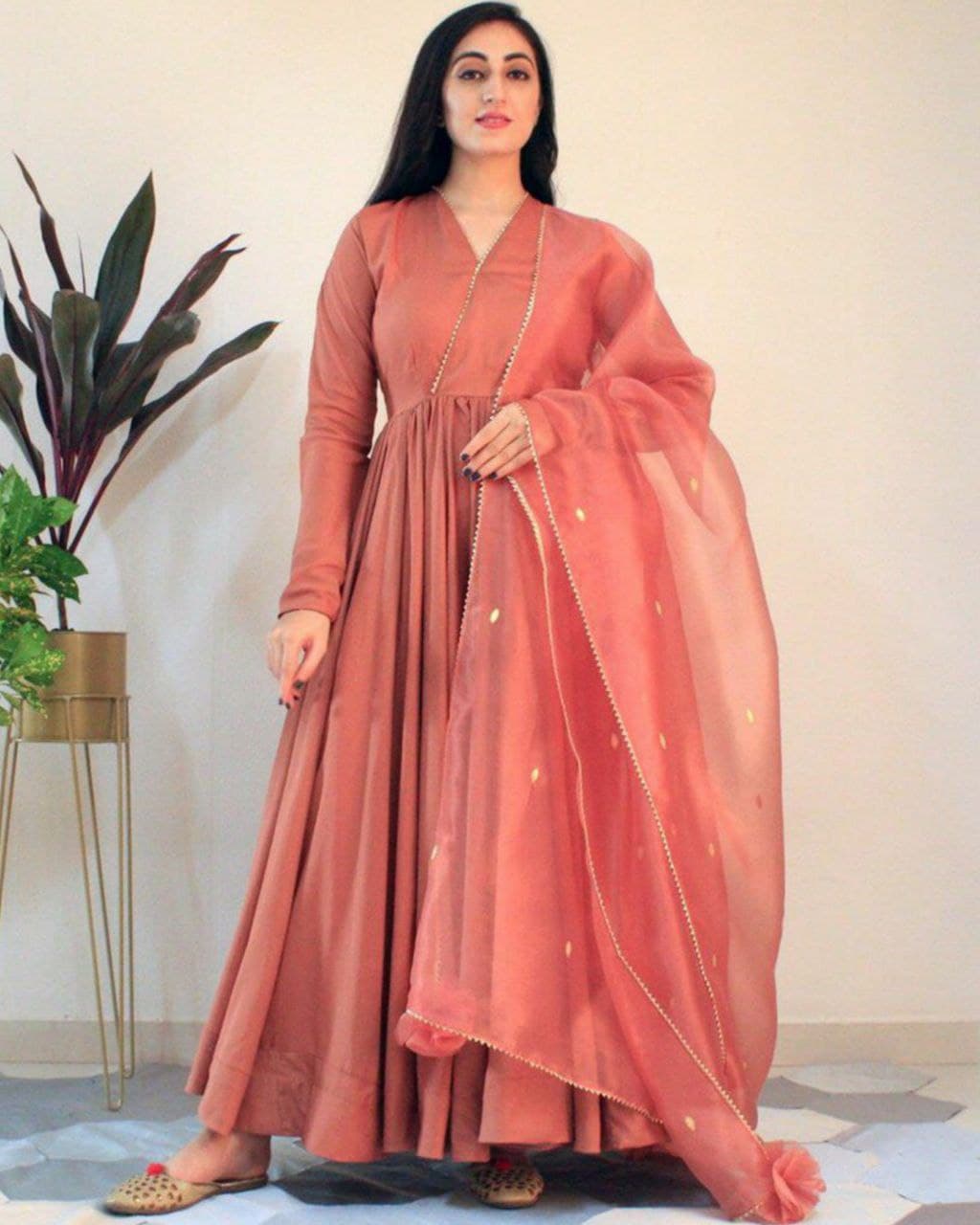 Exclusive Salmon Orange Poly Micro Gown With Dupatta (LQOC5512)