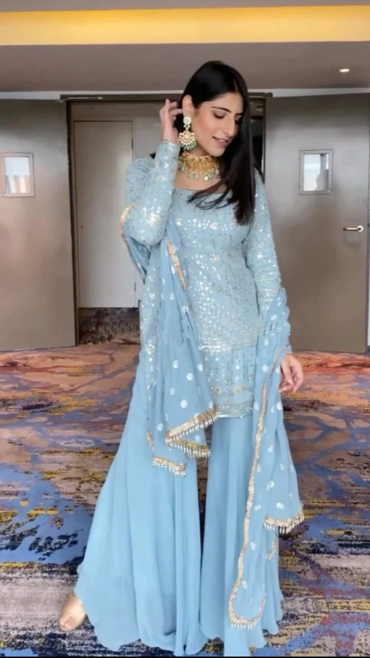 Gorgeous Sky Blue Georgette Sequence Embroidery Work Sharara Suit With Dupatta (LQRTC5373)