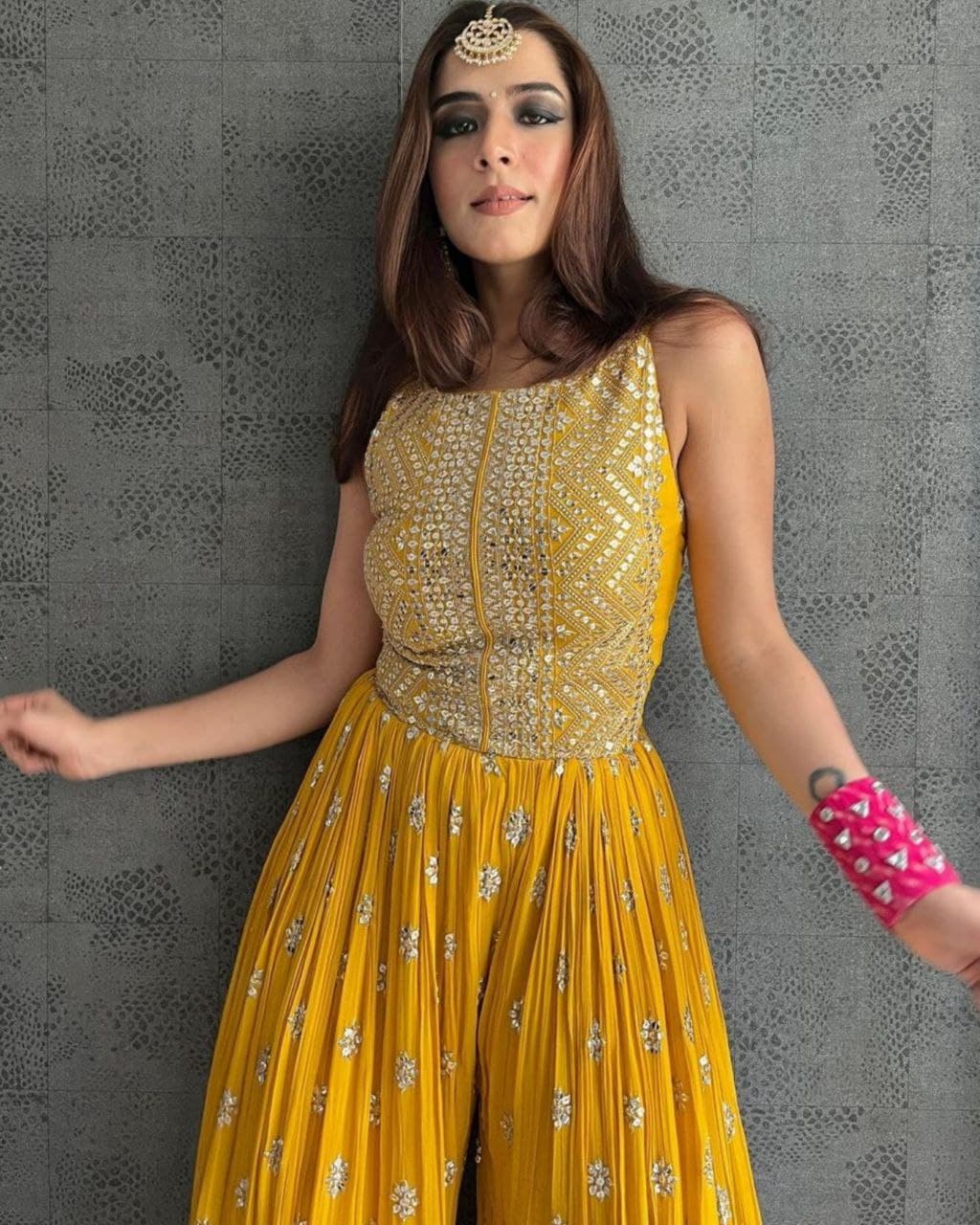 Mustard Yellow Georgette Embroidery Work Jumpsuit