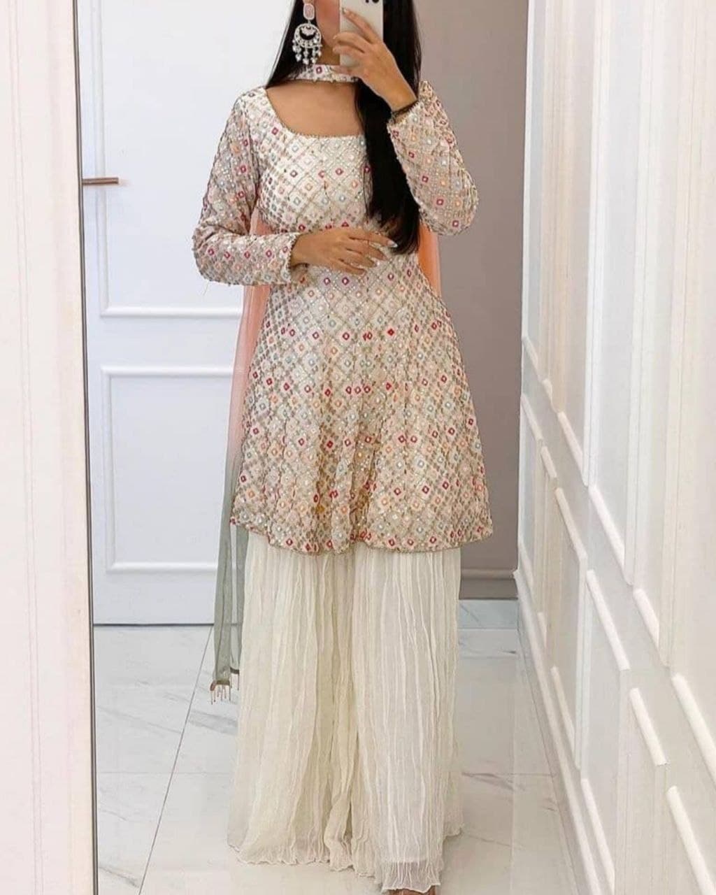 Gorgeous White Georgette Embroidery Work Sharara Suit With Dupatta (LQRTC8001)