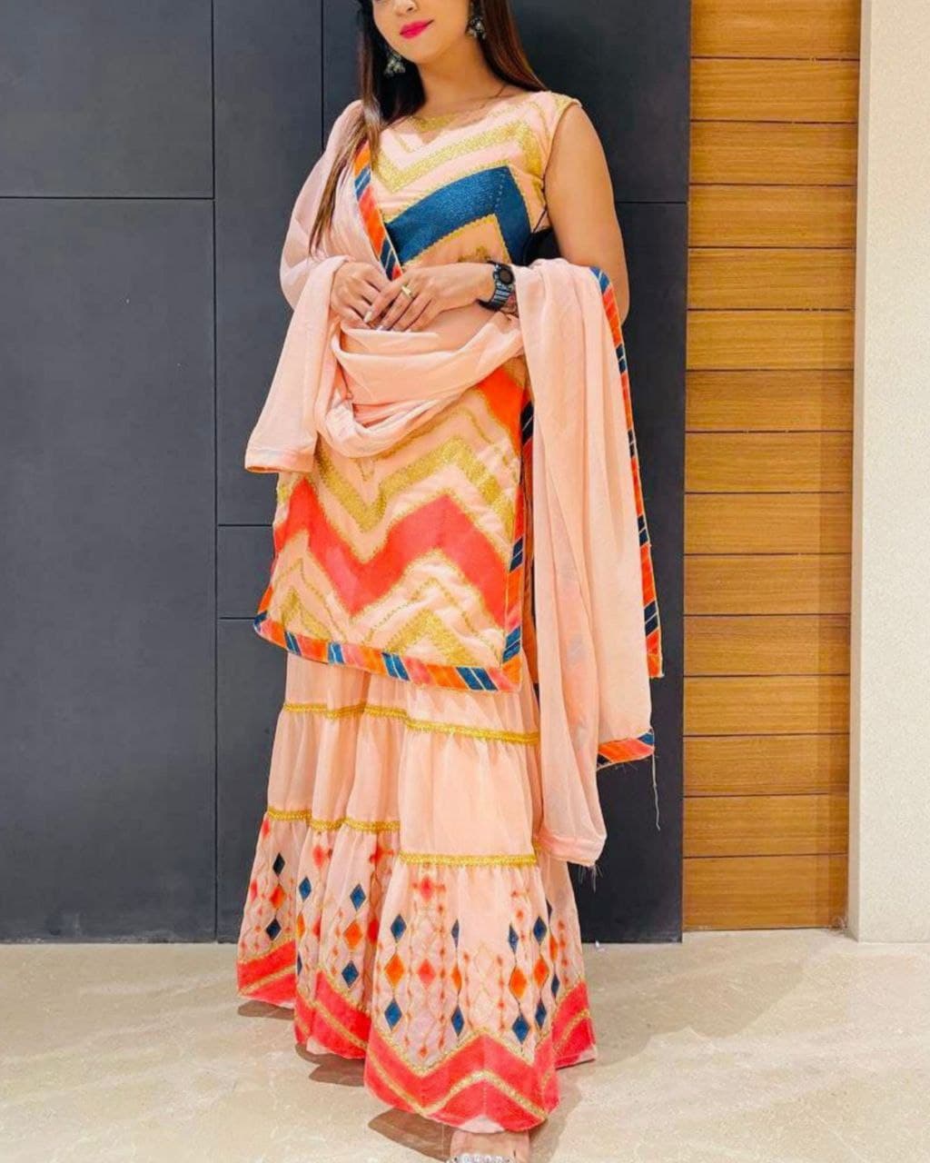 Gorgeous Peach Colour Georgette Embroidery Sharara Suit With Dupatta (LQZC8915)