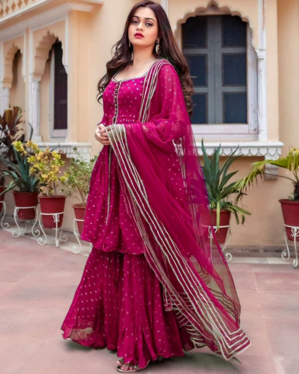 Lovely Rani Pink Pure Georgette Embroidery Work Sharara Suit With Dupatta (#711)