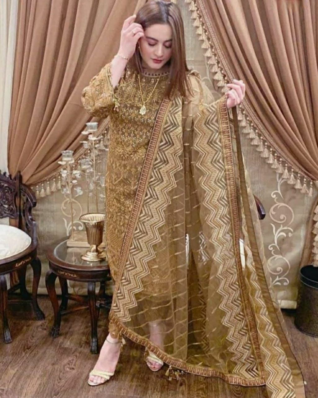 Gorgeous Golden Nylon Mono Net Embroidery Work Pakistani Salwar Suit With Dupatta (LQAF1004)