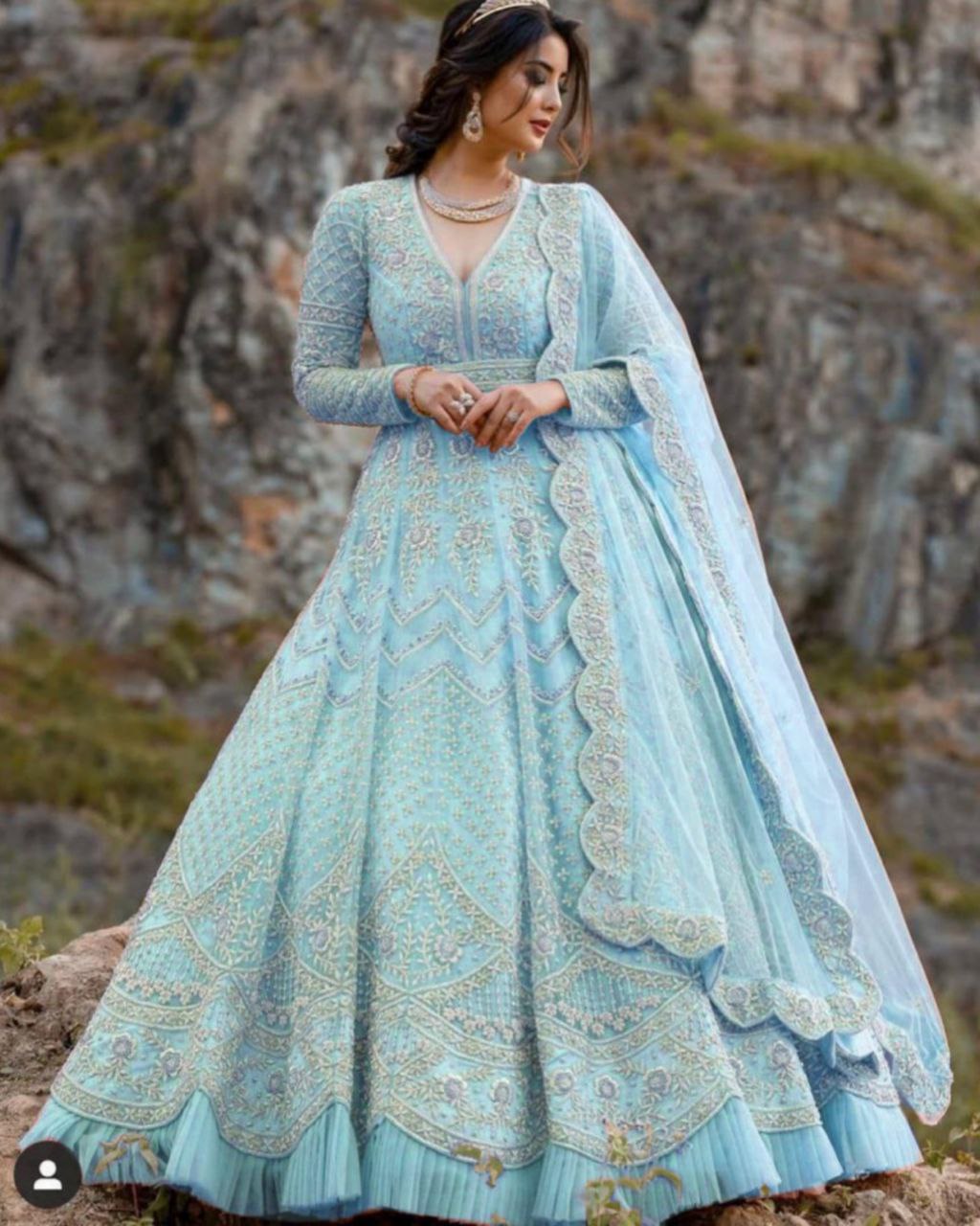 Attractive Sky Blue  Butterfly Net  Embroidery Work Gown (LQAF1051)
