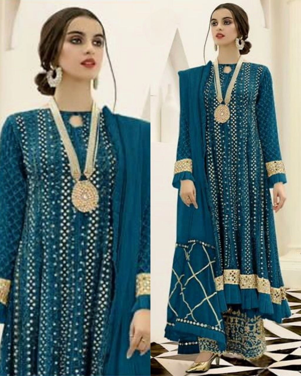 Beautiful Morpinch Georgette Sequence Embroidery Work Pakistani Palazo Suit With Dupatta (LQAF1071(1))