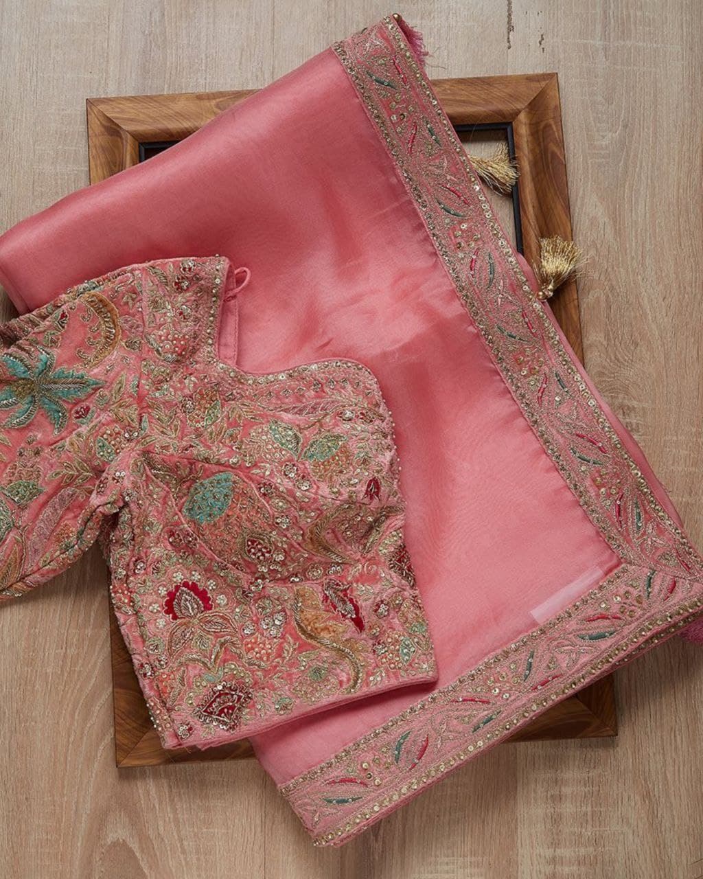 Pink Organza Silk Embroidery WorK Saree With Blouse (LQAK1070 Pink)
