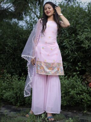 Latest Baby Pink Pure Georgette Embroidery Work Pakistani Sharara Suit With Dupatta