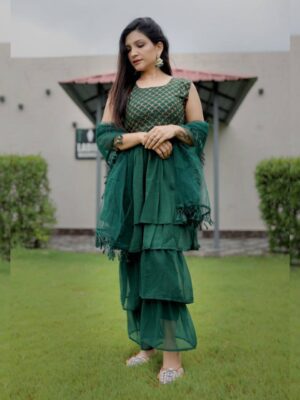 Adorable Green Heavy Georgette Thread Work Sharara Suit With Dupatta