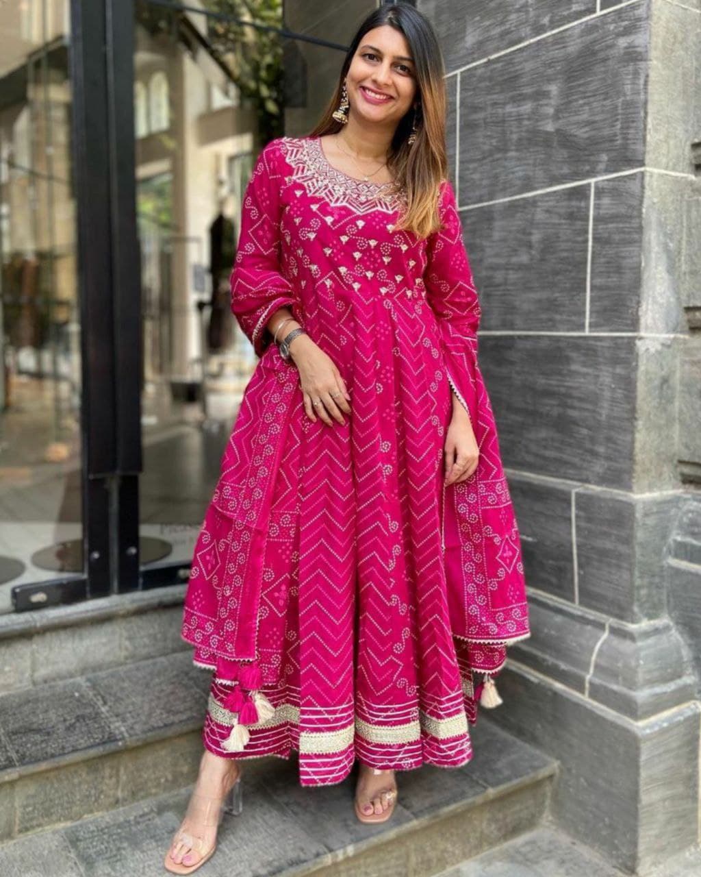 Exclusive Rani Pink Soft Butter Silk Fancy Digital Printed Gown With Dupatta (LQDHK1016)