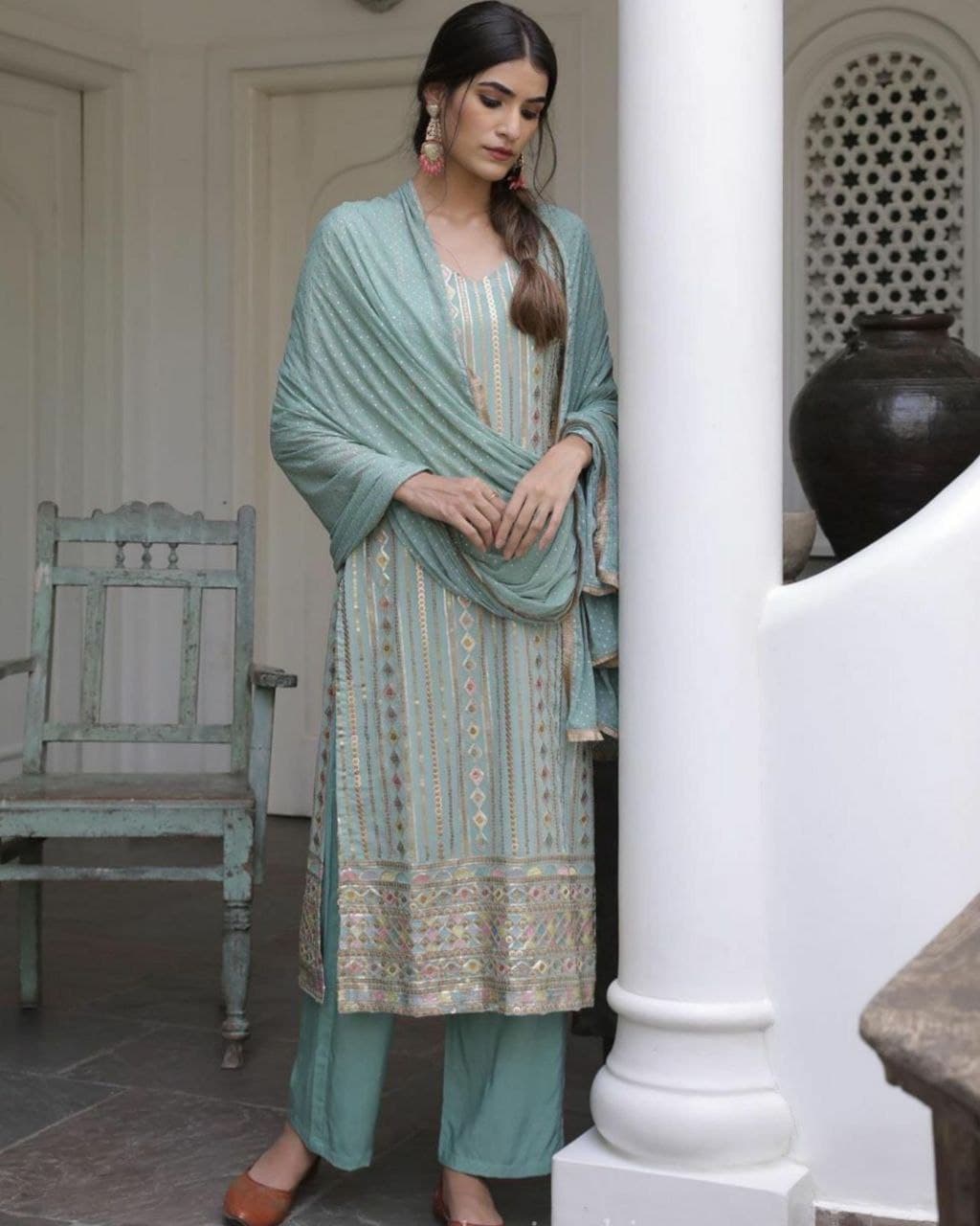 Exclusive Aqua Georgette Silk Sequence Work Pakistani Salwar Suit With Dupatta (LQLG1524)