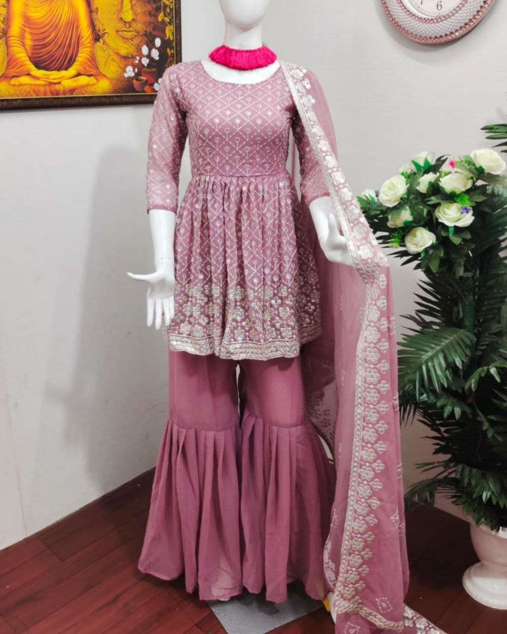 Beautiful Pink Pure Georgette Heavy Sequence Embroidery Work Sharara Suit With Dupatta (LQFD7732)