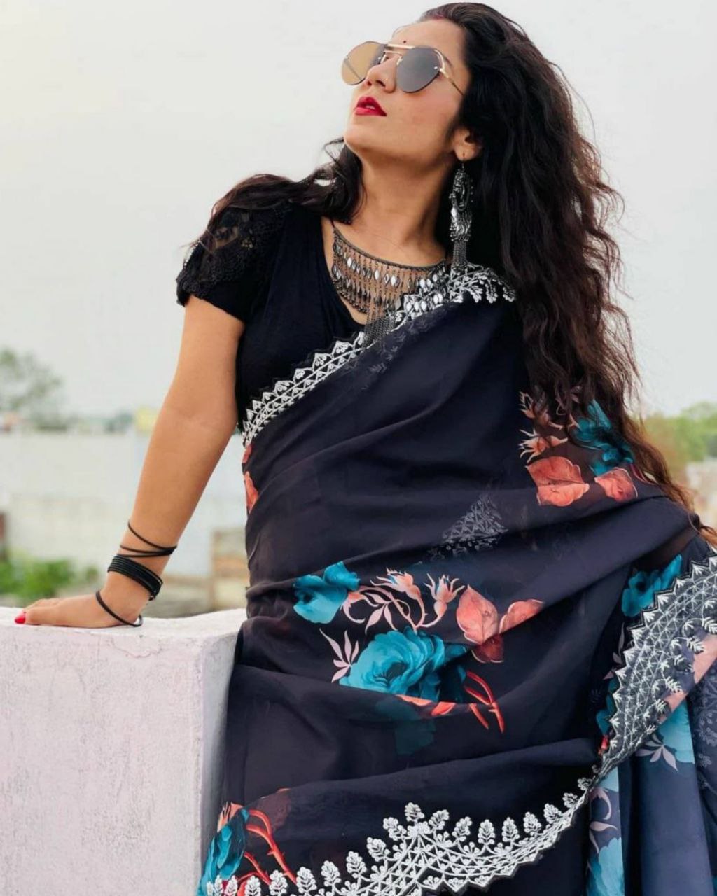 Black Soft Satin Silk Digital Printed Saree With Blouse (LQGK014)