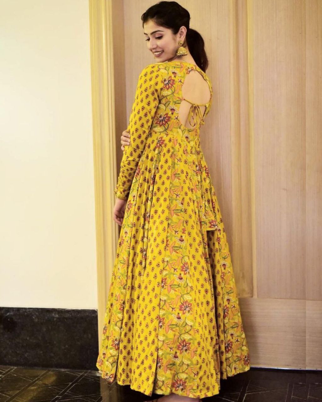 Exclusive Mustard Yellow Butter Silk Digital Print Anarkali Suit (LQHC229)