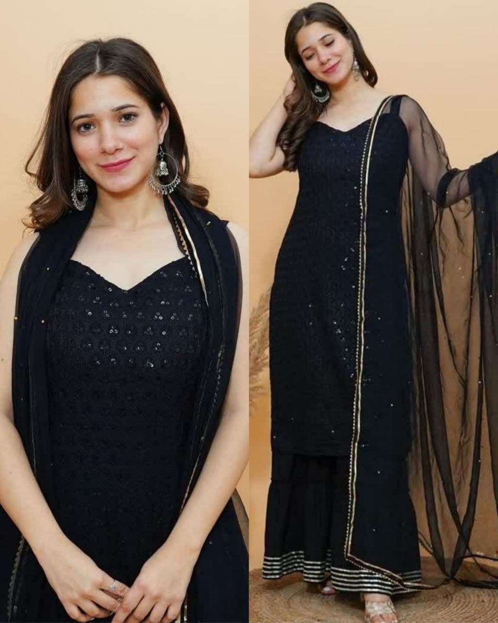 Gorgeous Black Ryon Cotton Chikankari Work Sharara Suit With Dupatta (LQHC437)