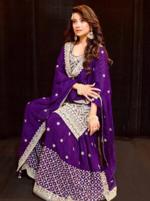 Awesome Purple Pure Georgette Heavy Embroidery Work Sharara Suit With Dupatta