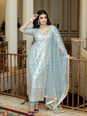 Classy Baby Blue Pure Georgette Embroidery Work Pant Suit With Dupatta