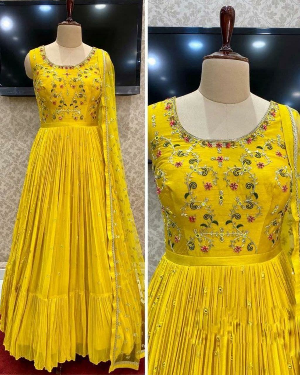 Presenting Yellow Embroidered Haldi Special Gown (LQKC524)