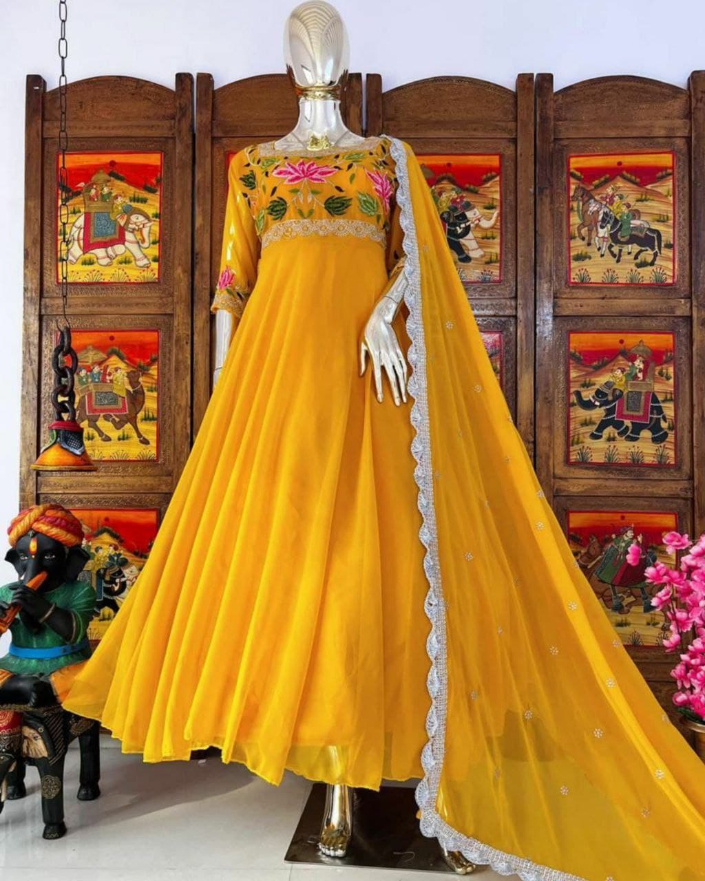 Stunning  Yellow And Blush Pink Heavy Georegtte With Embroidered Work Gown (LQKC558)