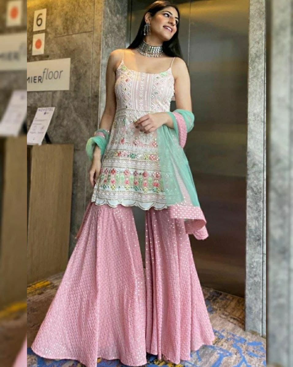 Gorgeous Baby Pink Georgette Thread Embroidery Work Sharara Suit With Dupatta (LQKD1044)