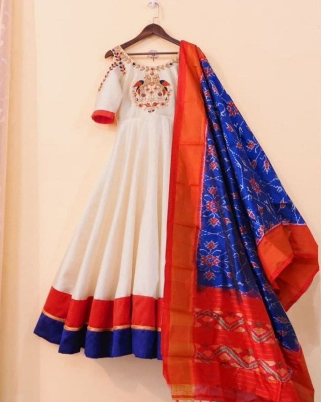 White Cotton Anarkali Gown With Printed Silk Dupatta (LQKD1059)