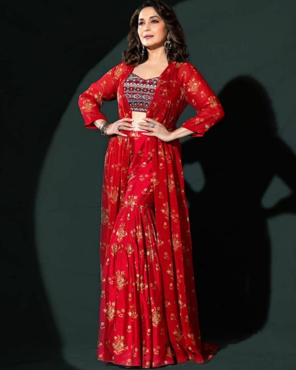 Aromatic Red Banglori Silk Digital Print Sharara Suit With Jacket