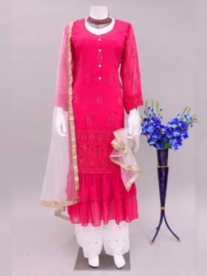 Launching Rani Pink Pure Georgette Frell Work Salwar Suit With White Dupatta