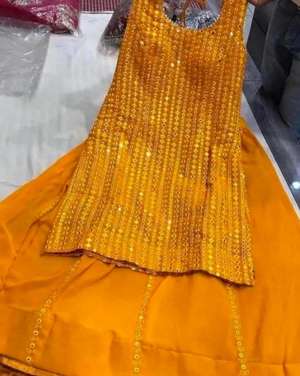 Exclusive Fire Yellow Sequence Work Sharara Suit With Dupatta (LQKD1325)