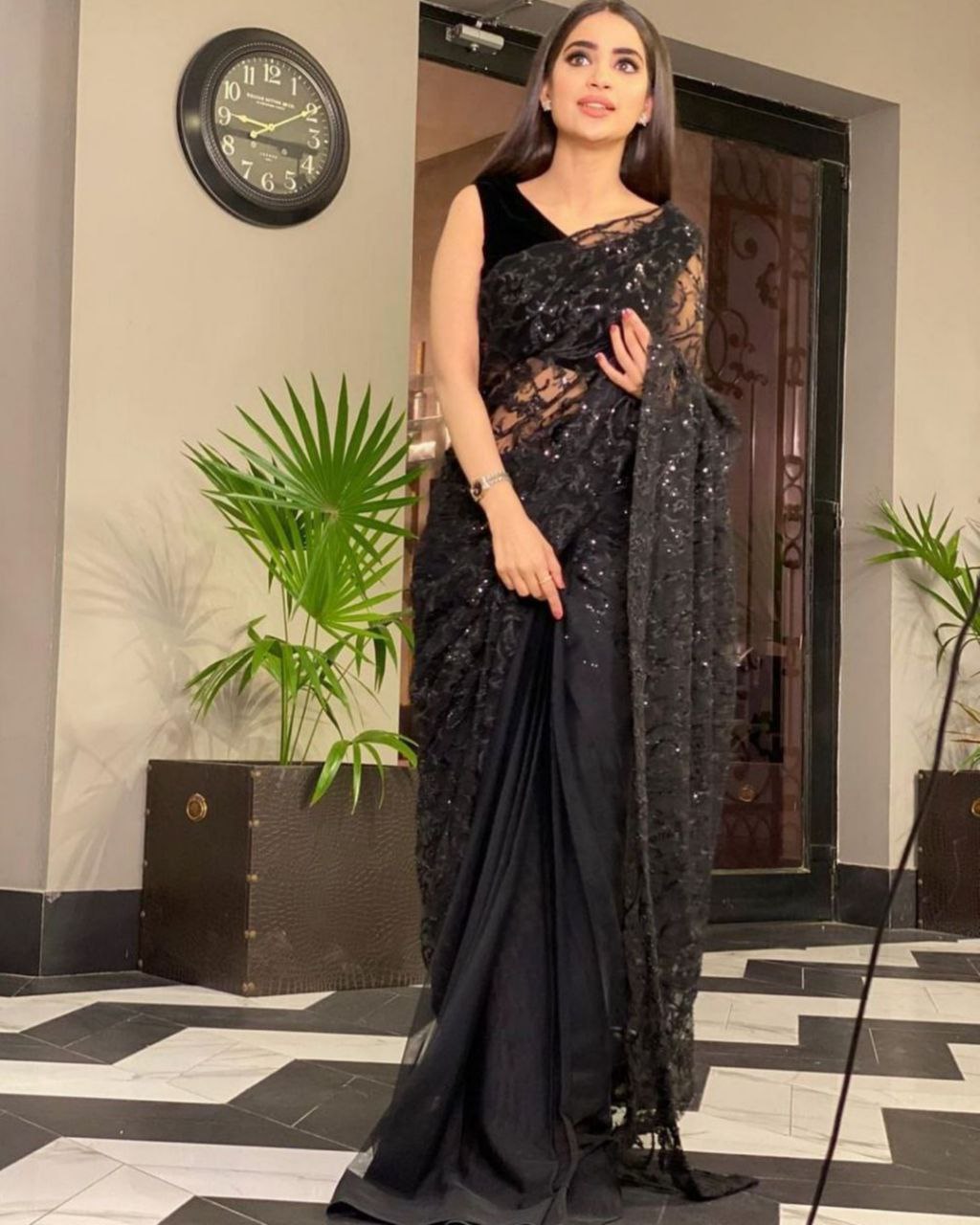 Black Georgette Sequence Work Saree With Blouse (LQKD277)