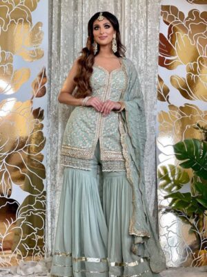 Wedding Wear Pista Pure Georgette Silk Embroidery Work Pakistani Sharara Suit With Dupatta
