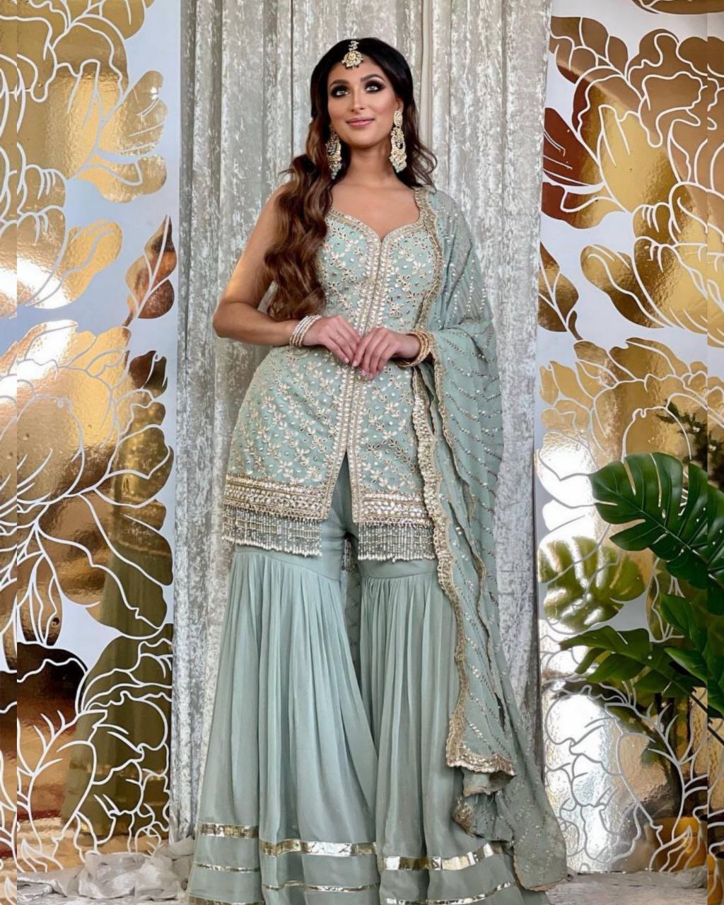 Wedding Wear Pista Pure Georgette Silk Embroidery Work Pakistani Sharara Suit With Dupatta (LQKF1465)