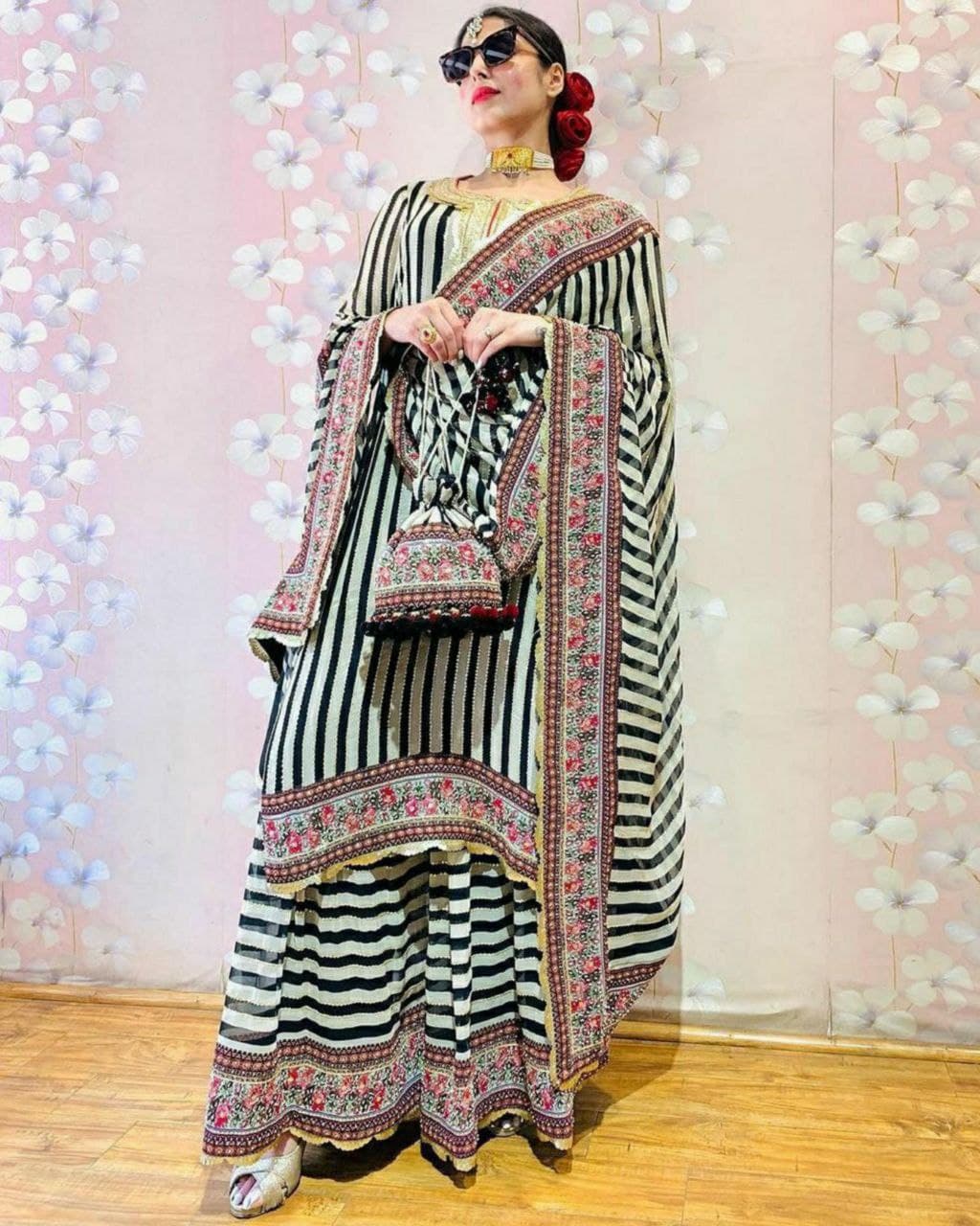 Beautiful Georgette Silk with black and white pattern Sharara Suit With Dupatta (LQLC579)