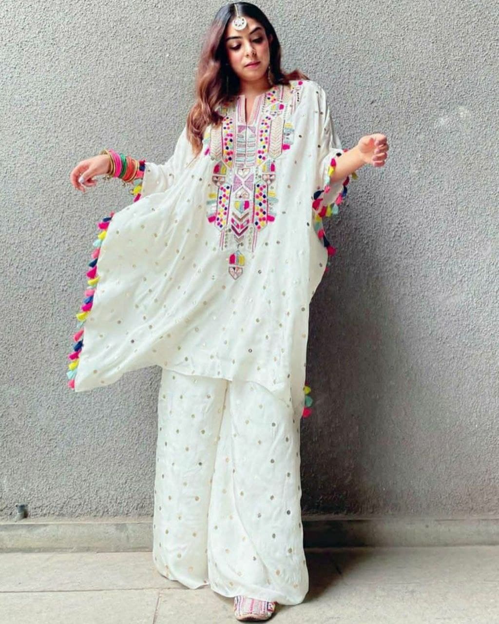 Beautiful Casual Wear Fancy Embroidery Multi Pom-Pom Kaftan Palazo Suit (LQLC558)