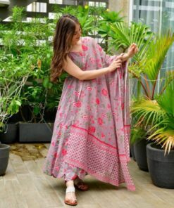 Casual Grey Butter Silk Floral Print Anarkali Suit With Dupatta