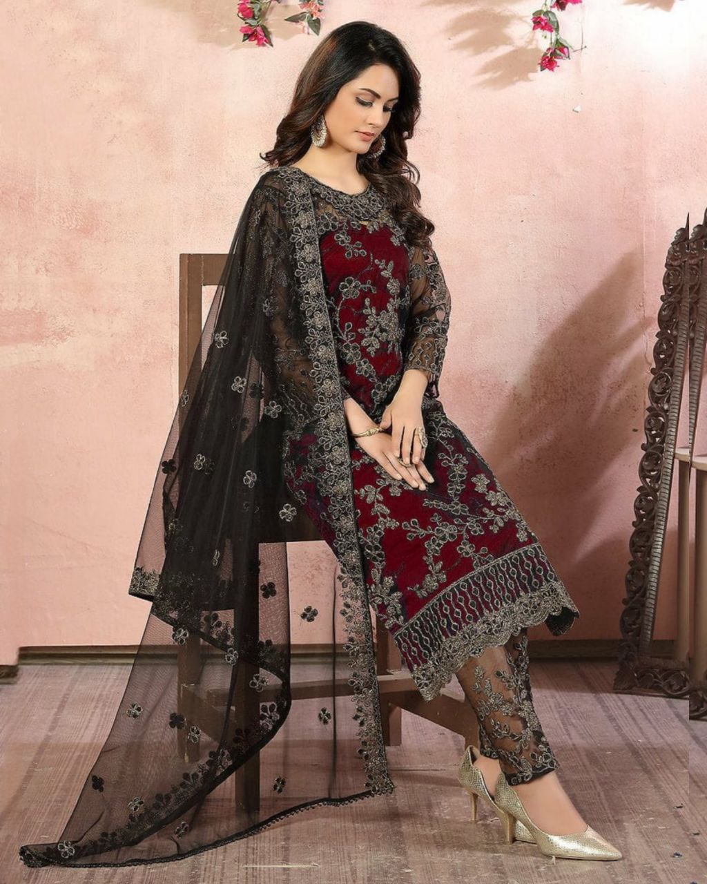 Exquisite Butterfly Mono net Embroidery Work Pakistani Salwar Suit With Dupatta (LQMKF1001)