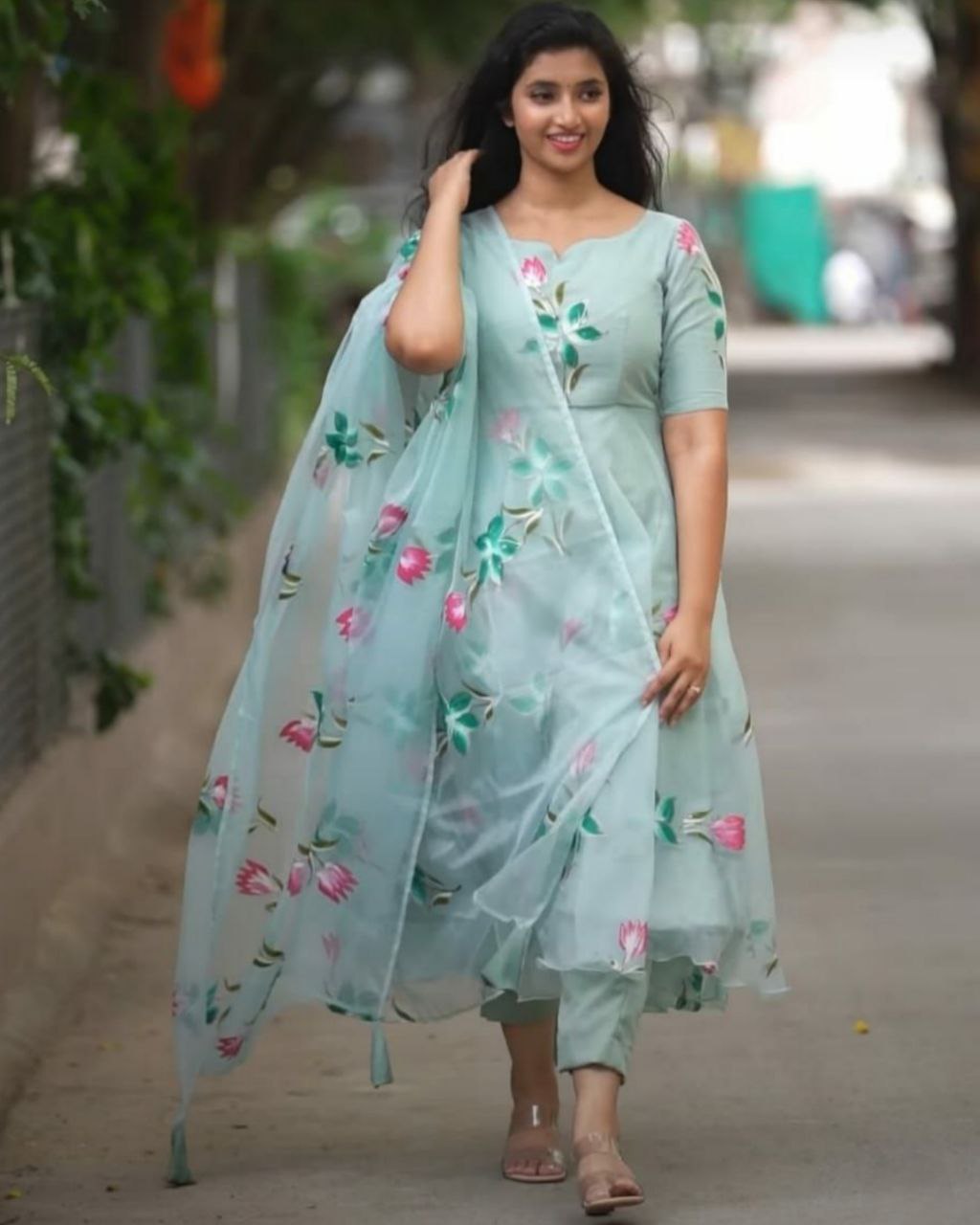 Casual Sea Blue Organza Flower Printed Anarkali Suit With Dupatta (LQNF1008)