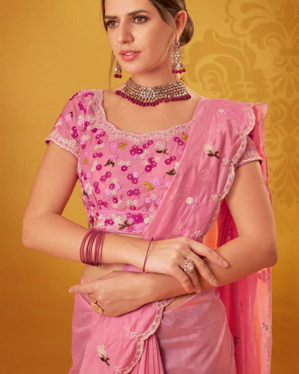 Pink Art Silk Thread Work Saree With Blouse (LQRN92)