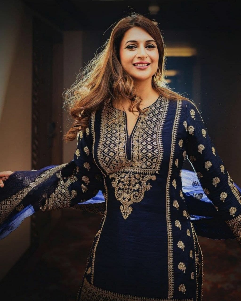Gorgeous Neavy Blue Taffeta Silk Cording Dori Work Pakistani Sharara Suit With Dupatta (LQRTC5417)