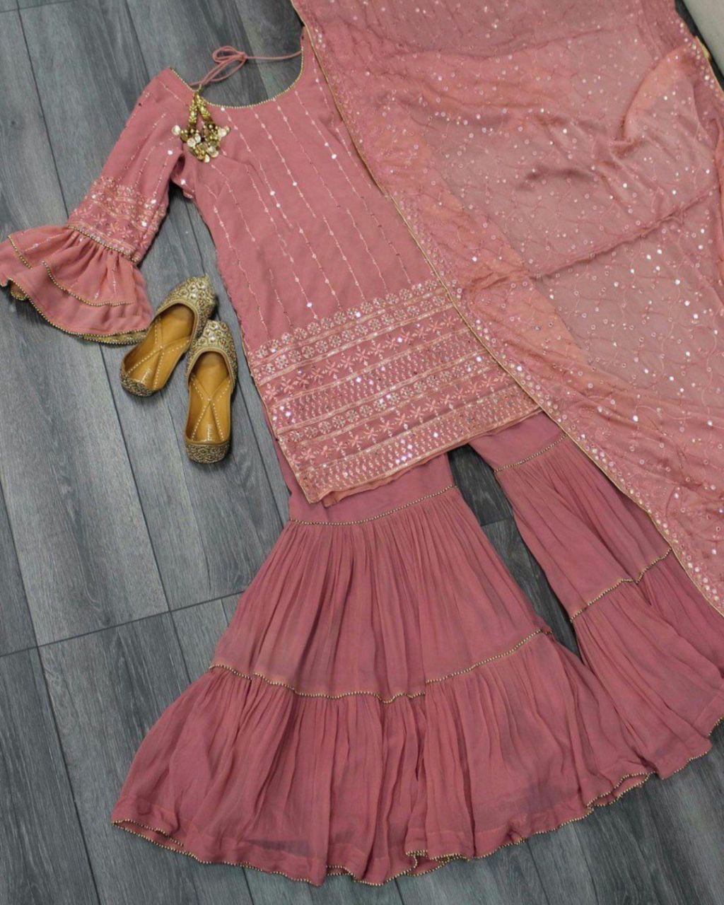 Pakistani Light Gajri Georgette Silk Sequence Work Sharara Suit With Dupatta (LQRTC5437)