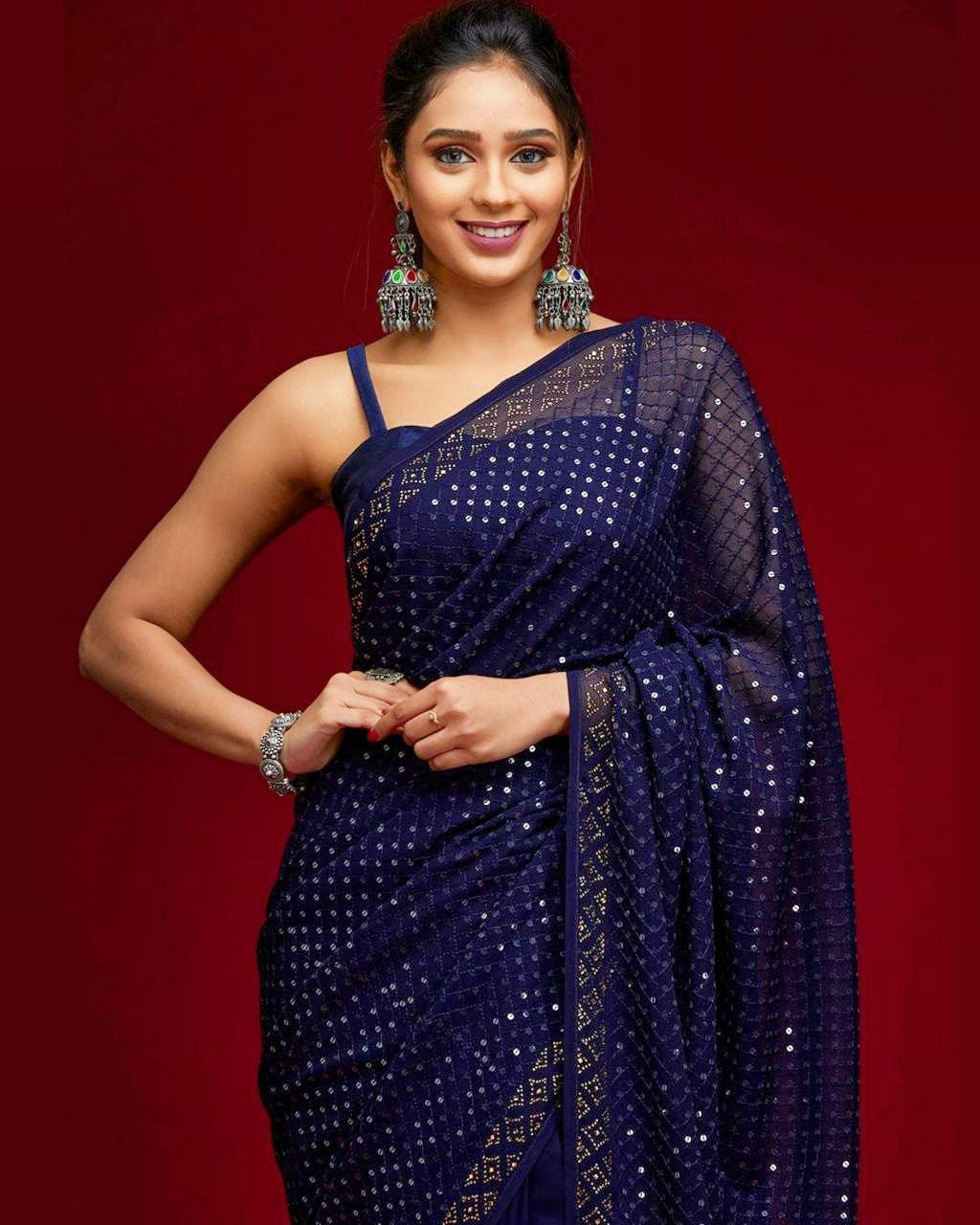 Navy Blue Heavy Georgette Sequence Work Saree With Blouse (LQRV4036 Blue)