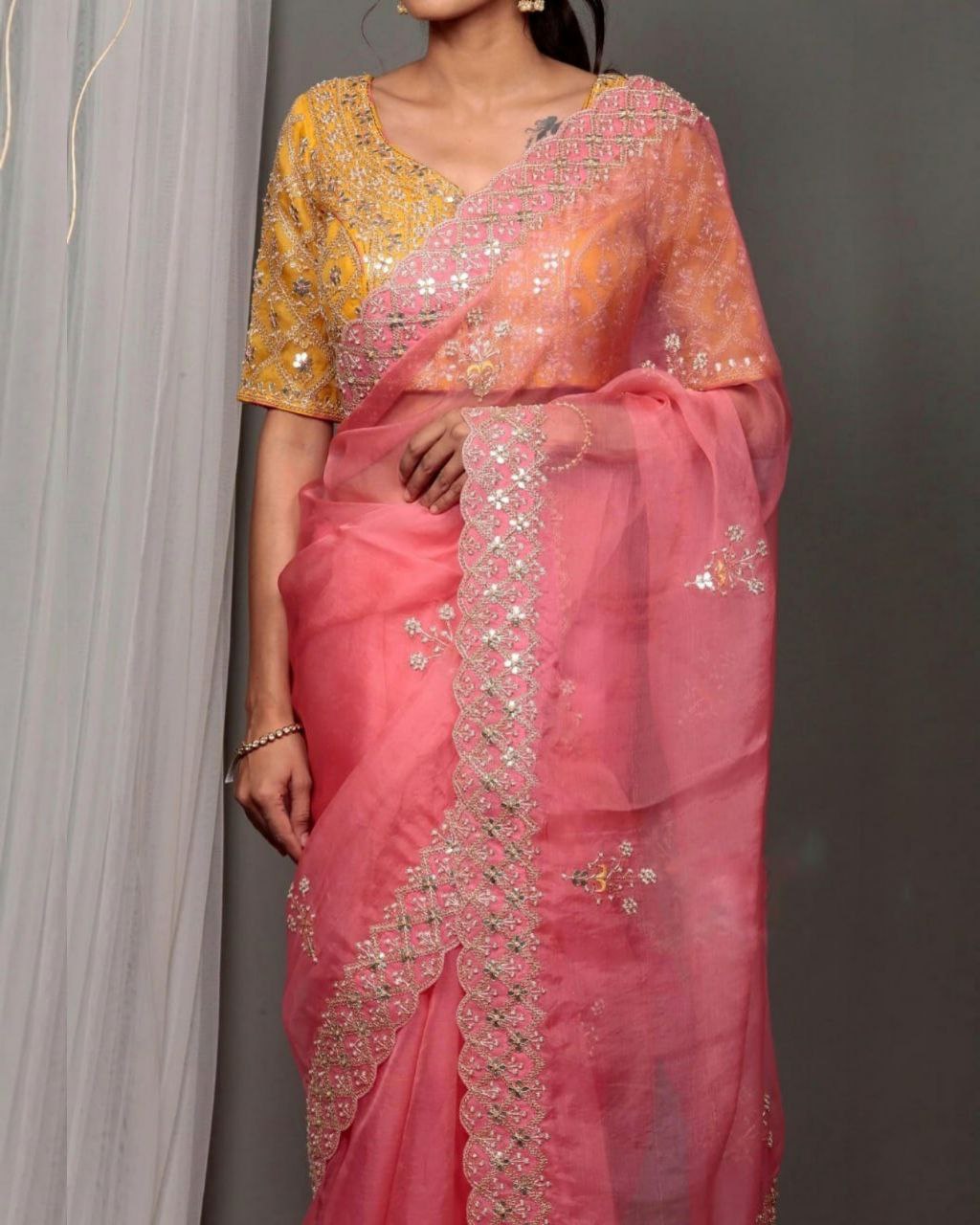 Pink Organza Silk Embroidery Zari Work Saree With Blouse (LQRV4045)