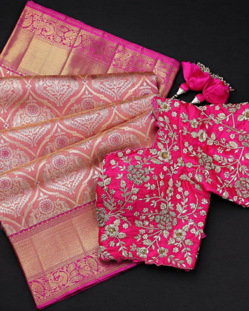 Pink Banarasi Silk Embroidery Work Saree With Blouse (LQRVNX105)