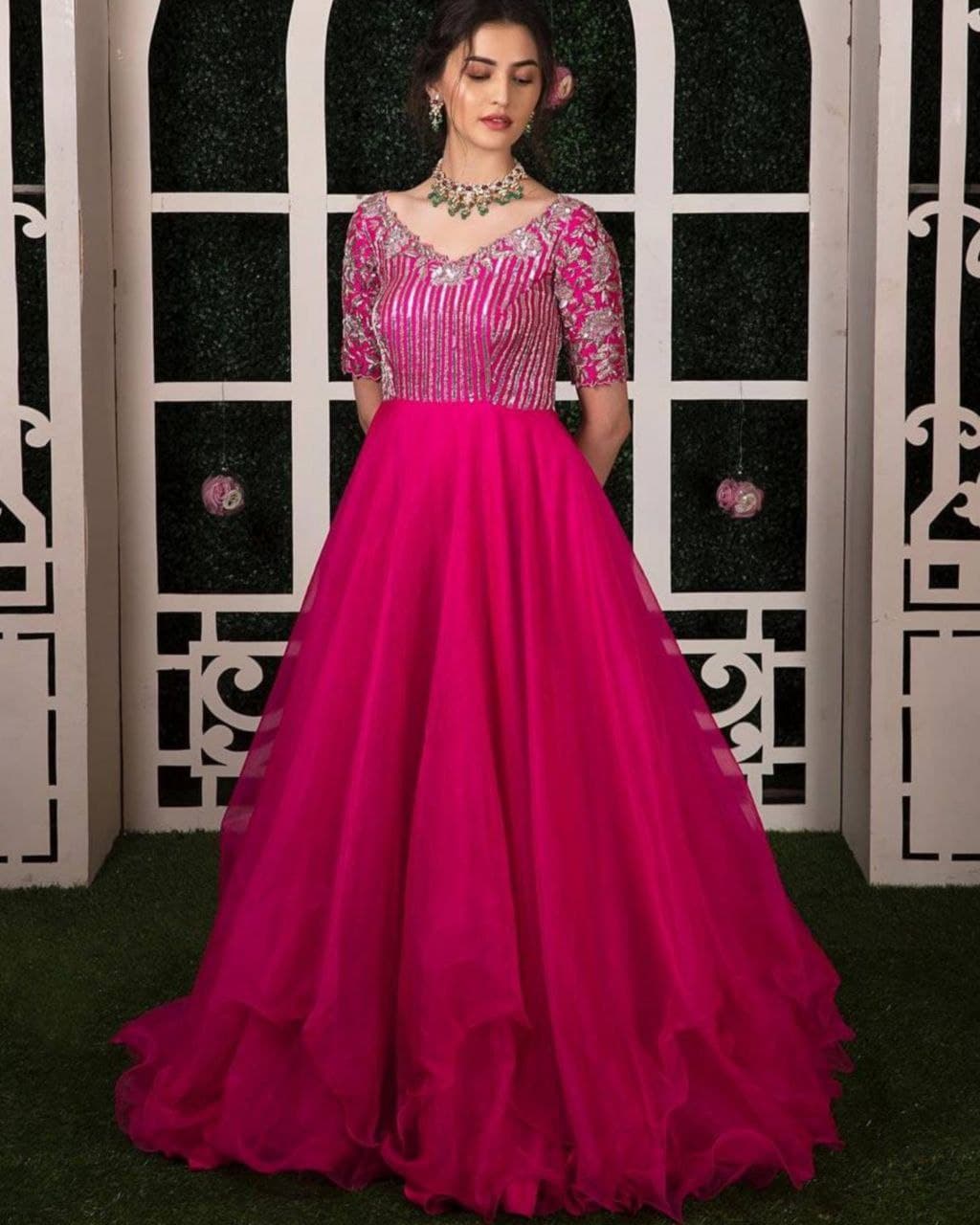 Exclusive Pink Butterfly Mono Net Embroidery Work Gown (LQSR1324)