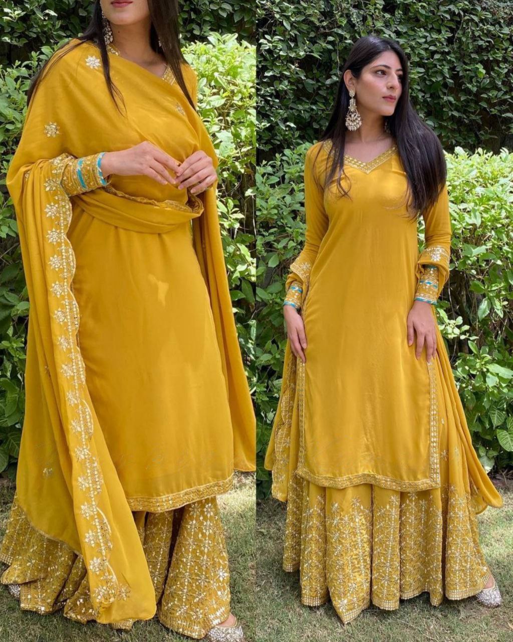 Exclusive Mustard Yellow Pure Georgette Embroidery Work Palazo Suit With Dupatta (LQSR1422)