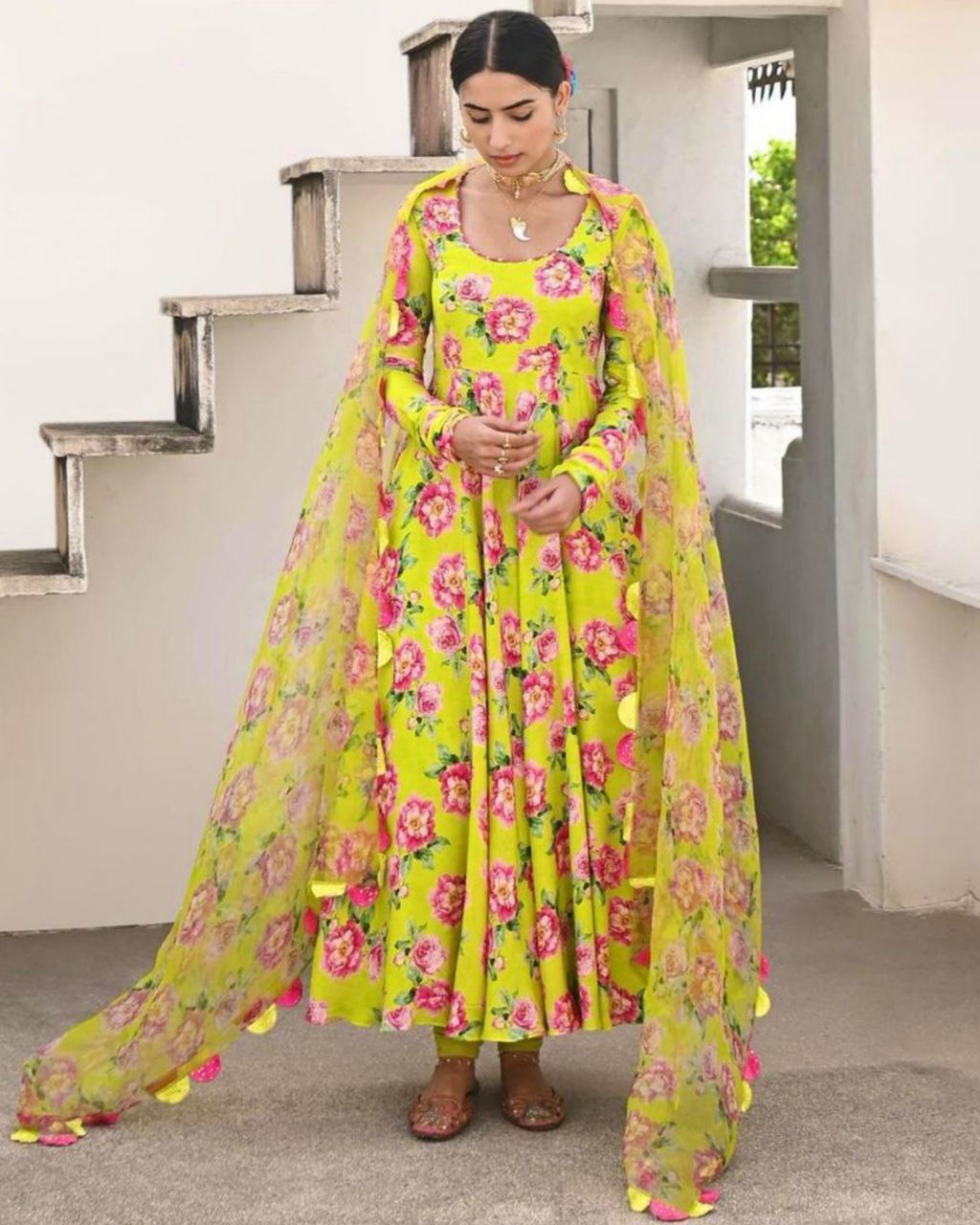 Casual Lime Yellow Flower Printed Anarkali Suit Long Gown With Dupatta (LQSR1427)