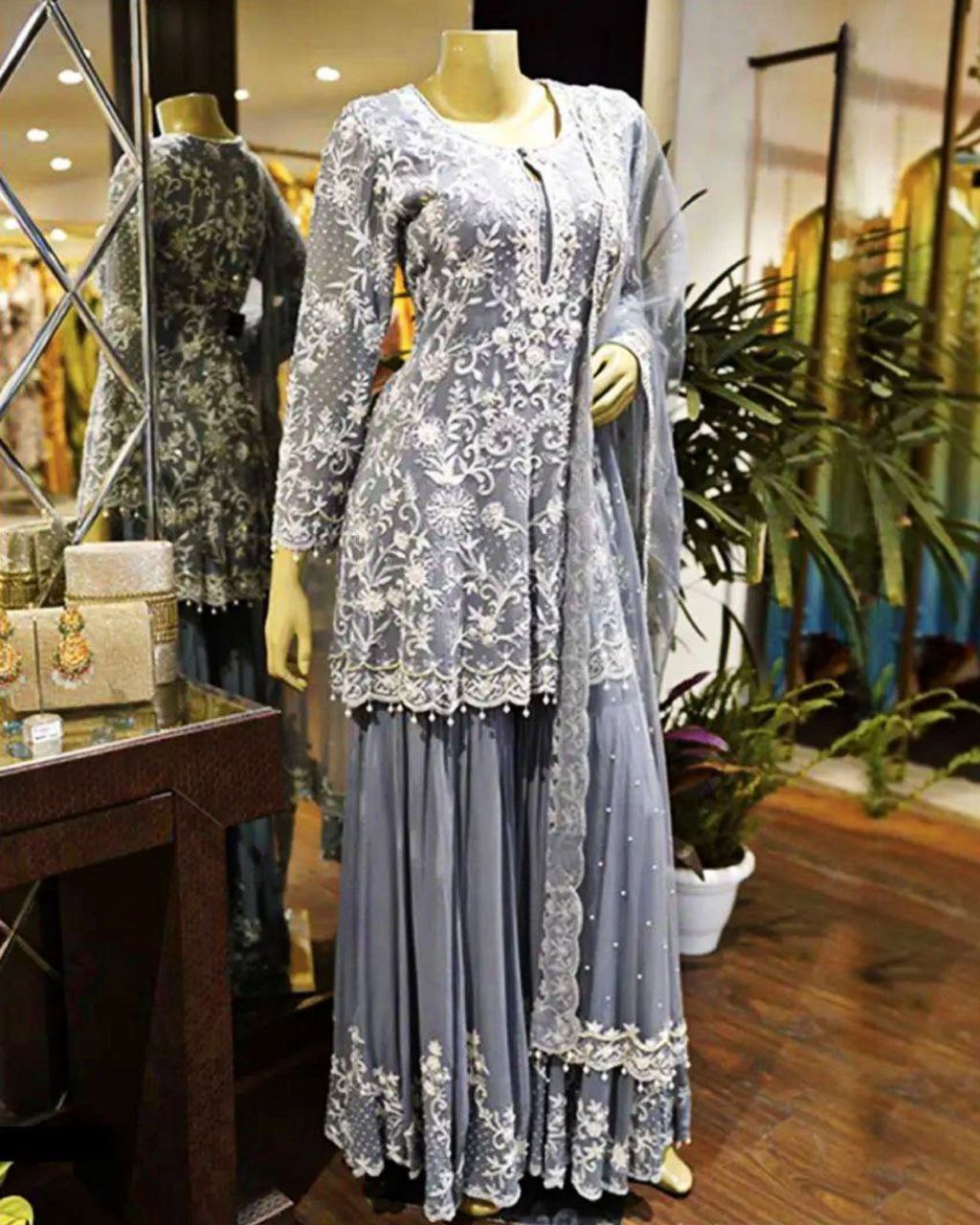 Beautiful Grey Pure Georgette Embroidery Work Sharara Suit With Dupatta (LQSR1432)